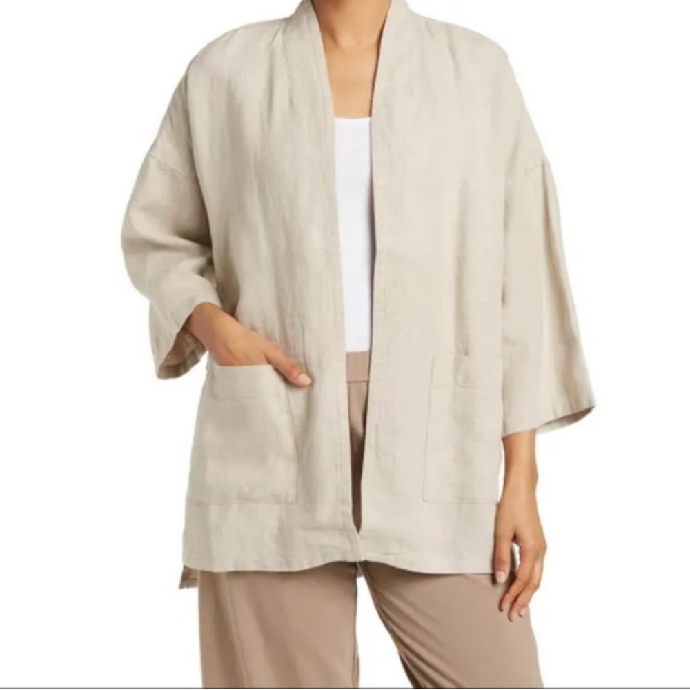 Eileen Fisher Light Tan Open-Front organic linen blazer - size L